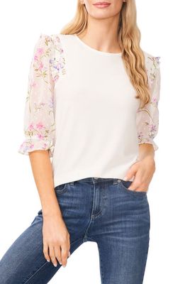 CeCe Floral Clip Dot Puff Sleeve Top in New Ivory