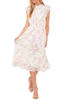 CeCe Floral Clip Dot Smocked Ruffle Midi Dress in New Ivory