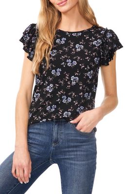 CeCe Floral Double Ruffle Sleeve Top in Rich Black