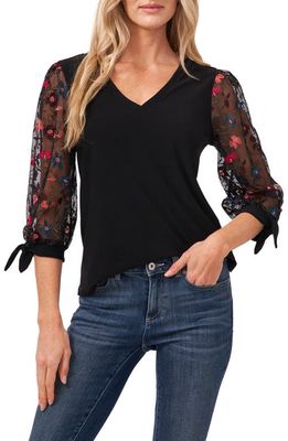 CeCe Floral Embroidered Jersey & Tulle Top in Rich Black