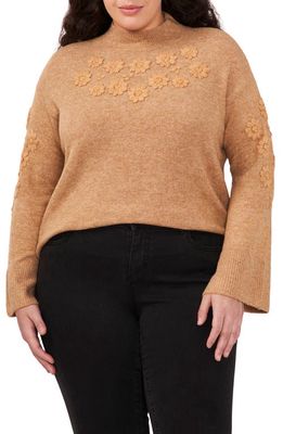 CeCe Floral Embroidered Mock Neck Sweater in Latte Heather Beige