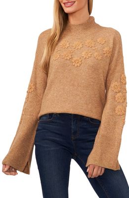 CeCe Floral Embroidered Mock Neck Sweater in Latte Heather Brown