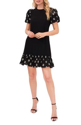 CeCe Floral Embroidered Puff Sleeve Dress in Rich Black