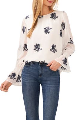 CeCe Floral Embroidered Ruffle Cuff Georgette Top in New Ivory