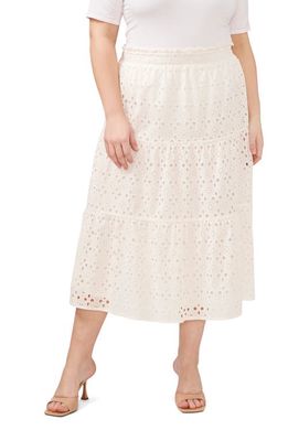 CeCe Floral Eyelet Embroidered Cotton Midi Skirt in New Ivory