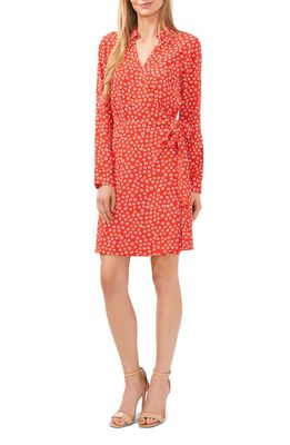 CeCe Floral Long Sleeve Faux Wrap Shirtdress in Candy Apple