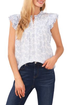 CeCe Floral Pintuck Ruffle Cap Sleeve Lawn Blouse in Ultra White