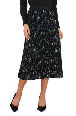 CeCe Floral Pleated Midi Skirt in Rich Black