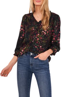 CeCe Floral Print Button Front Blouse in Deep Mulberry