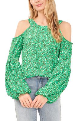 CeCe Floral Print Cold Shoulder Blouse in Soft Emerald