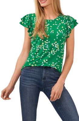 CeCe Floral Print Double Ruffle Sleeve Top in Lush Green