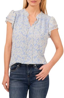 CeCe Floral Print Flutter Sleeve Top in Blue Air