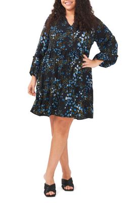 CeCe Floral Print Long Sleeve A-Line Dress in Lapis Blue