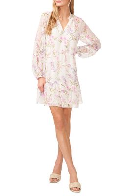 CeCe Floral Print Long Sleeve Babydoll Dress in New Ivory