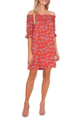 CeCe Floral Print Off the Shoulder Shift Dress in Poppy Red