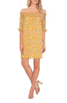 CeCe Floral Print Off the Shoulder Shift Dress in Saffron Yellow