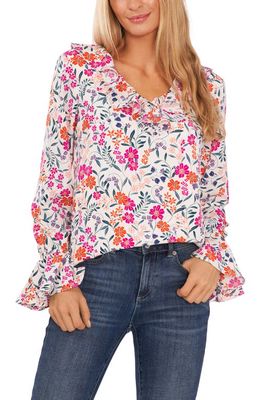 CeCe Floral Print Ruffle Blouse in New Ivory
