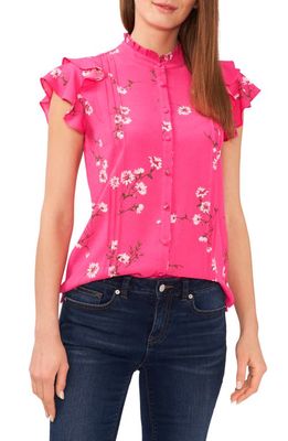 CeCe Floral Print Ruffle Pintuck Blouse in Pink Punch