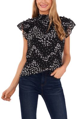 CeCe Floral Print Ruffle Sleeve Blouse in Rich Black