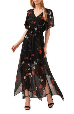 CeCe Floral Print Smocked Waist Flutter Sleeve Maxi Dress in Rich Black