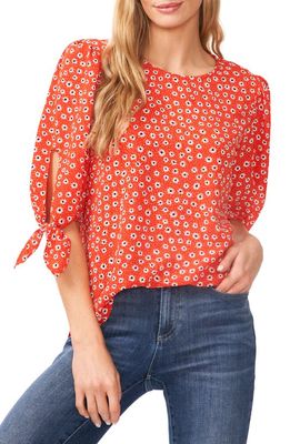 CeCe Floral Print Tie Sleeve Blouse in Candy Apple