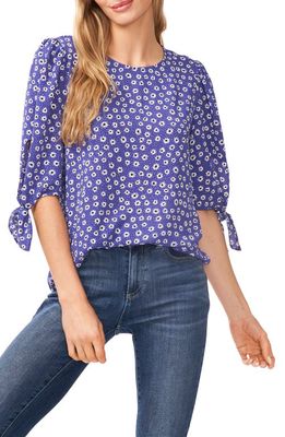 CeCe Floral Print Tie Sleeve Blouse in Mineral Blue
