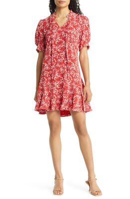CeCe Floral Puff Sleeve Dress in Lava Red