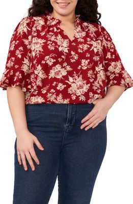 CeCe Floral Ruffle Elbow Sleeve Blouse in Mulberry Red