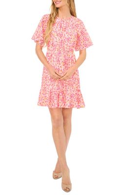 CeCe Floral Ruffle Hem Dress in Pink/New Ivory