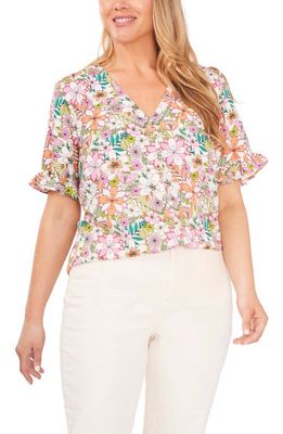 CeCe Floral Ruffle Sleeve Top in Sweet Pink