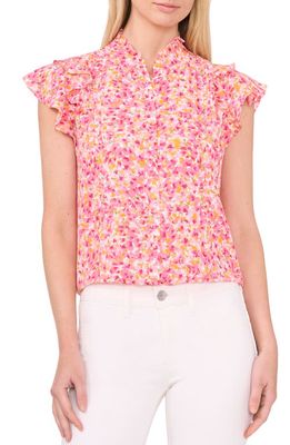 CeCe Floral Ruffle Trim Top in Pink