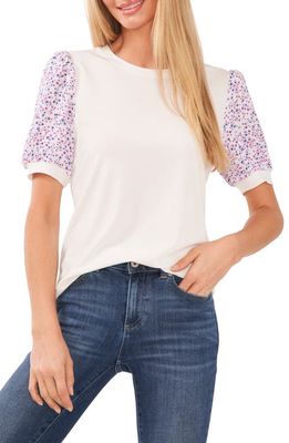 CeCe Floral Sleeve Mixed Media Knit Top in New Ivory
