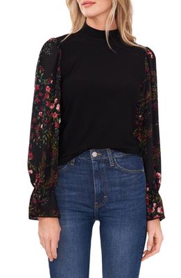 CeCe Floral Sleeve Mixed Media Sweater in Deep Mulberry