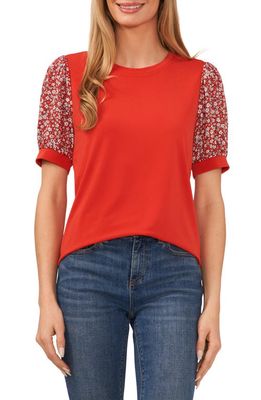 CeCe Floral Sleeve Mixed Media Top in Baked Apple