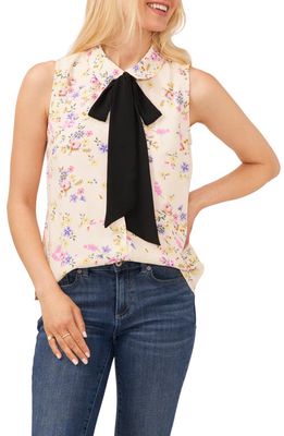 CeCe Floral Sleeveless Georgette Bow Blouse in Soft Vanilla