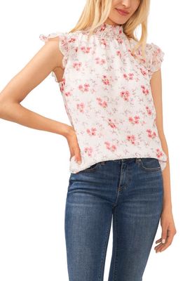 CeCe Floral Smock Neck Top in Ultra White