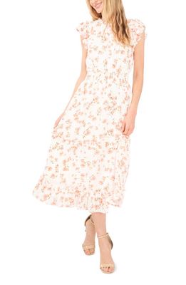 CeCe Floral Smocked Ruffle Midi Dress in New Ivory
