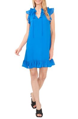 CeCe Flutter Sleeve Ruffle Hem Dress in Ocean Blue