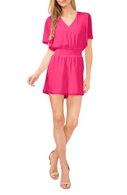 CeCe Flutter Sleeve Smock Waist Romper in Bright Rose Pink