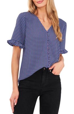 CeCe Geo Print Ruffle Sleeve Crepe Blouse in Blue Blossom