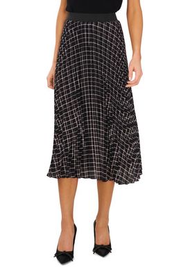 CeCe Grid Print Pleated Midi Skirt in Rich Black