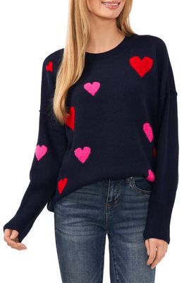 CeCe Heart Pattern Intarsia Sweater in Classic Navy
