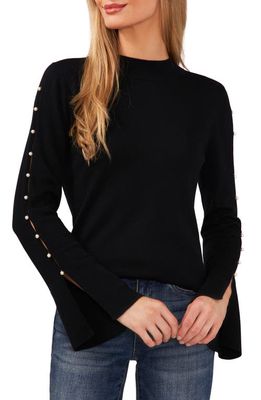 CeCe Imitation Pearl Accent Mock Neck Sweater in Rich Black