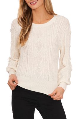 CeCe Imitation Pearl Cable Sweater in Antique White