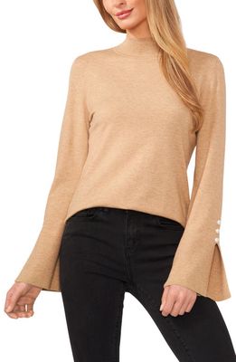 CeCe Imitation Pearl Cuff Sweater in Latte Heather Beige