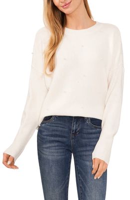 CeCe Imitation Pearl Embellished Crewneck Sweater in Antique White