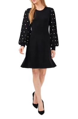 CeCe Imitation Pearl Long Sleeve Sweater Dress in Rich Black