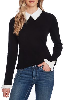 CeCe Imitation Pearl Peter Pan Collar Cotton Sweater in Rich Black