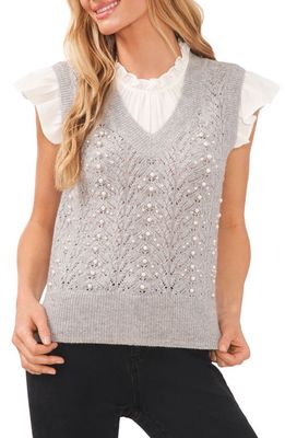 CeCe Imitation Pearl Pointelle Top in Light Heather Grey