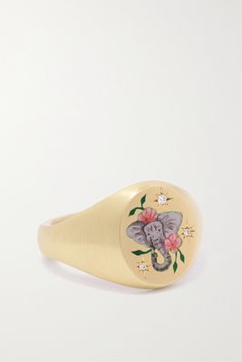 Cece Jewellery - The Elephant & Camellia 18-karat Gold, Enamel And Diamond Ring - 3